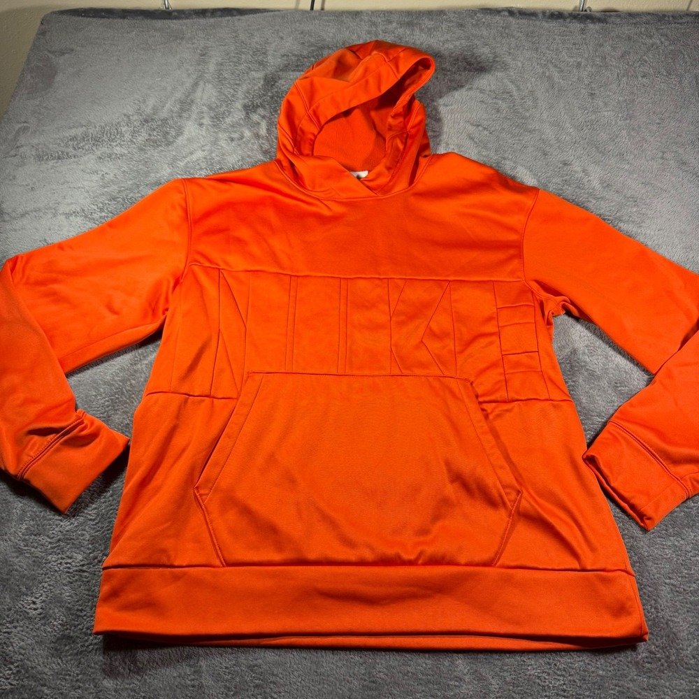 Nike Mens Therma-FIT Hoodie Orange Pullover 3D Block Lettering Sweatshirt Large